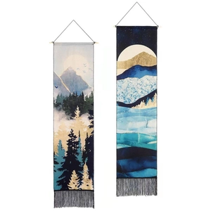 Set of 2 mountain landscape tapestries with gold accents and tassels for home wall decor