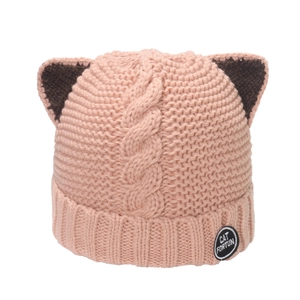 Detail of pink cable knit hat with cat ears design and branded woven patch label