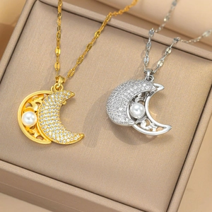 Titanium Steel Necklace Artificial Pearl Moon Heart Pendant Zircon Inlaid Luxury Elegant Clavicle Chain Jewelry For Women