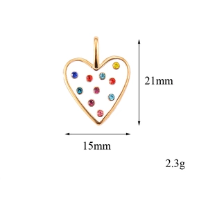 Detail view of colorful heart pendant with size measurements 15mm by 21mm and weight