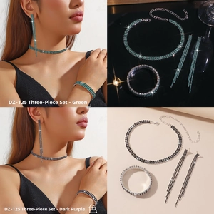 Detail view of sparkling rhinestone choker necklace, tassel earrings, and bracelet jewelry set