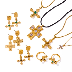 18K gold plated stainless steel jewelry set with vintage cross pendants and gemstones