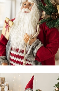 Detail of Santa Claus figurine showing faux fur beard and miniature gold gift boxes