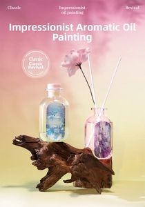 Artistic close-up of reed diffuser glass bottle with oil painting label on wood root