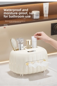Waterproof cream tissue box with storage compartments and silver legs in bathroom