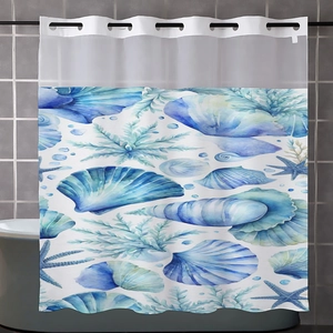 Close-up of double-layer ocean life print shower curtain with grommets and translucent panel