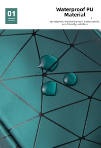 Detailed view of green waterproof PU leather with geometric triangular texture and water drops