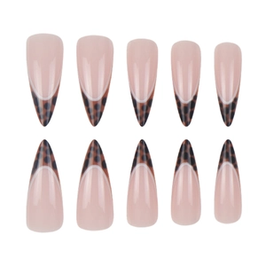 French stiletto leopard print press-on nails with nude pink base and sharp tip shape