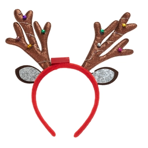 Detail of LED Christmas reindeer headband with glitter antlers and colorful bells