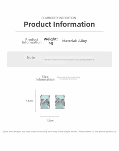 Detail view of mint green C-shaped bow earrings with 1.5cm x 1.5cm size and 6g weight