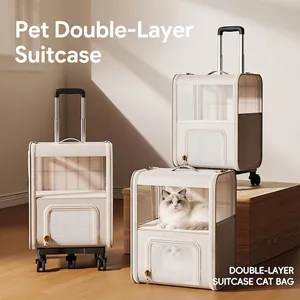 Double Layer Pet Trolley Backpack Breathable Mesh Foldable Carrier Swivel Wheels Adjustable Handle Travel Cotton Textile