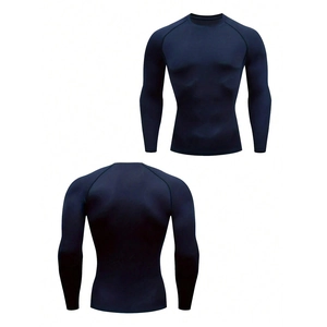 Detail of dark blue long sleeve compression shirt with breathable stretch fabric