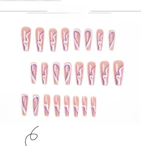 Macro detail of long ballerina press-on nails with purple and white swirl wave art patterns
