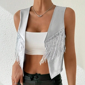 Silver sequin fringe sleeveless PU vest for women with metallic tassels and avant-garde style