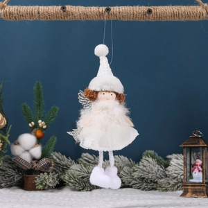 White Christmas angel hanging ornament with silver wings and soft plush dress for tree decor