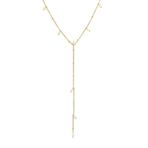 Elegant gold Y-shaped necklace with delicate pearls and minimalist long chain design