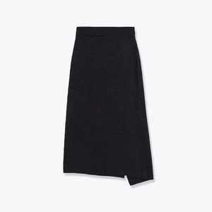 Fashionable black midi skirt featuring a modern asymmetric hem and textured fabric