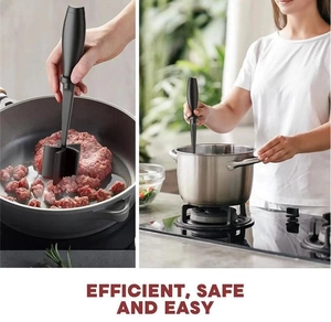 Nylon meat chopper shown breaking ground beef in a skillet and used in a modern kitchen