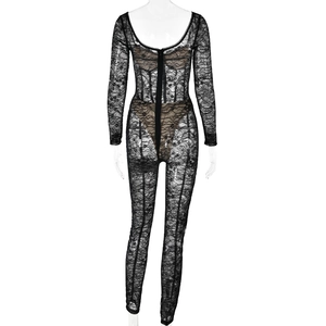 Detailed back view of a black floral lace bodysuit with a deep U-shaped open back design