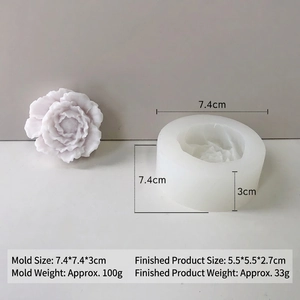 Detailed view of white silicone peony mold and purple flower candle with size specs