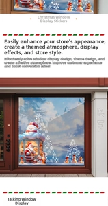 Detail of Christmas window decals featuring Santa, snowman, and star-topped tree stickers