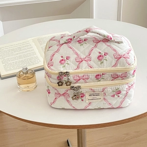 Détail de la trousse à maquillage matelassée avec motifs floraux et fermetures éclair fleur