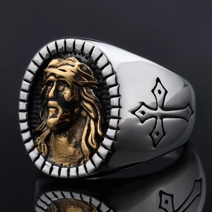 Religious men's two-tone stainless steel ring with Jesus relief and cross symbol engraving