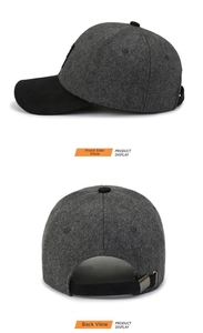 Detail view of charcoal wool baseball cap showing the adjustable metal buckle and strap
