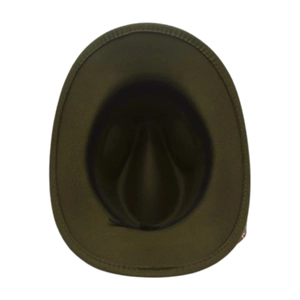 Macro detail of olive green felt hat underside showing quality stitching and inner structure