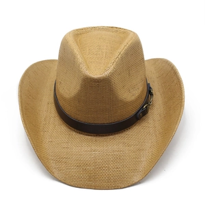 Classic straw western cowboy hat with brown leather band and vintage bronze buckle