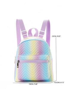 Rainbow gradient backpack size guide with V-quilt texture and dimensions in centimeters