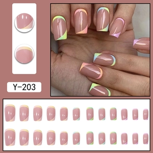 Short square press-on nails with colorful pastel gradient French tips in 24-piece set
