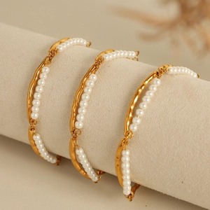 Elegant Stainless Steel Artificial Pearl Bracelet 18K Gold Plated Irregular Hammered Bar Double Layer French Retro Jewelry Women