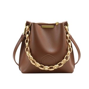 Retro Simple PU Leather Bucket Bag For Women With Gold Chain Handle And Adjustable Shoulder Strap Crossbody Handbag