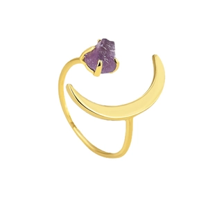 Gold moon and purple crystal stone open ring with boho style celestial design