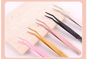 Five assorted stainless steel eyelash tweezers with curved tips and integrated comb end