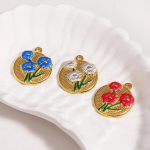 Französischer Vintage-Rundanhänger mit bunten Emaille-Gänseblümchen-Mustern für DIY-Schmuck