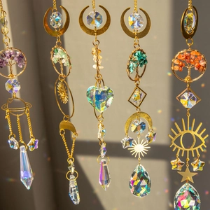 Five-piece set of golden Tree of Life crystal suncatchers with rainbow prism pendants