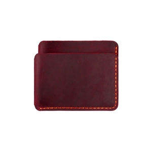 Close-up of crazy horse leather card holder with contrast orange stitching details