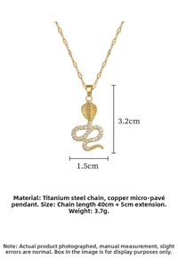 Detailed dimensions of sparkling cobra pendant necklace with gold chain and zircon stones