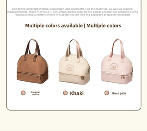 Three-color display of double-layer insulated lunch bags in caramel, khaki, and rose pink