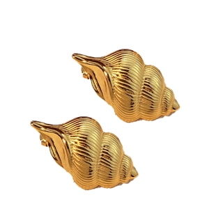 Golden conch shell earrings in polished stainless steel with minimalist sea-inspired design