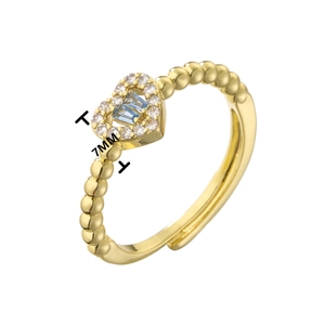 Adjustable gold beaded ring with a blue crystal heart surrounded by white zircons