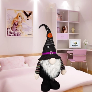 Standing Halloween gnome plush toy with Happy Halloween pumpkin hat for bedroom decor