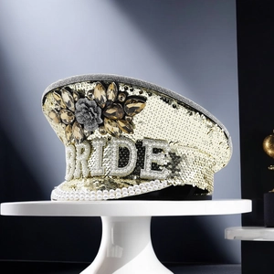 Sparkling champagne gold sequined bride captain hat with pearls and rhinestones