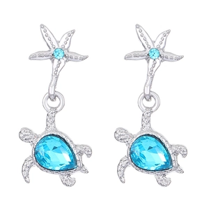 Blue rhinestone sea turtle and starfish drop earrings with ocean theme silver finish