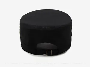 Detail of black cotton flat top hat back showing adjustable strap and bronze buckle