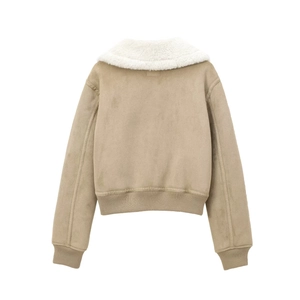 Women's camel faux suede jacket with white fleece collar shown from the back view