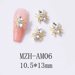 Macro view of crystal spider nail charms with gold alloy base and 10.5*13mm dimensions