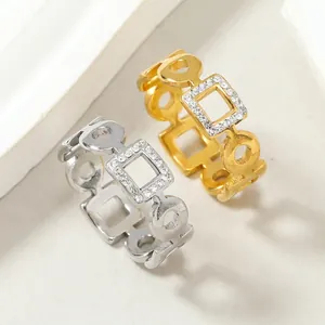 Fashion Stainless Steel Hollow Geometric Ring With Square Round Design Rhinestone Inlaid Titanium Steel Band For Women Men